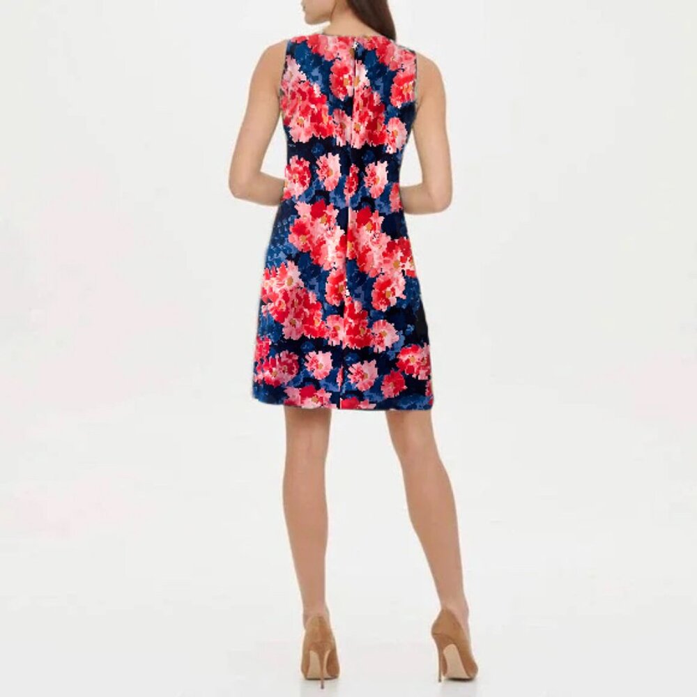 Tommy Hilfiger navy floral scuba sheath dress! Size 12 Navy blue red pink - Picture 2 of 11